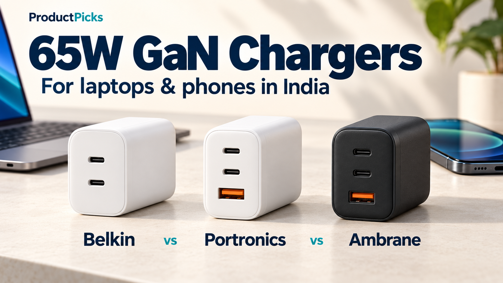 Illustration of Belkin, Portronics and Ambrane 65W GaN chargers, with a laptop and smartphone in the background.