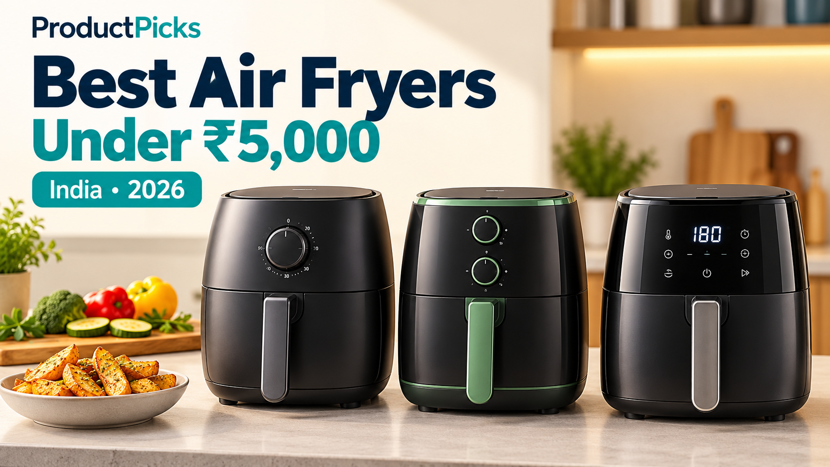 Illustration of three countertop air fryers in a kitchen, with the headline Best Air Fryers Under ₹5,000 in India 2026.