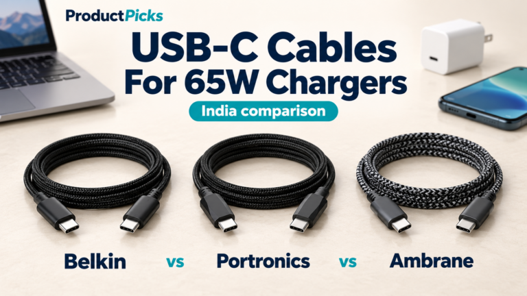 Three illustrated USB-C cables labelled Belkin, Portronics and Ambrane, with a laptop, smartphone and charger.